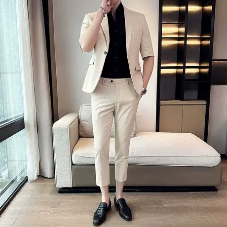 七分中袖西服男夏季薄款条纹外套休闲短袖西装搭配修身西裤一套装商品大图
