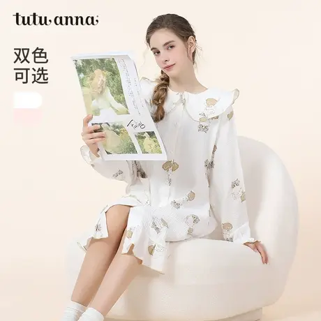 tutuanna春秋家居服睡裙女全棉公主风双层纱猫咪荷叶边长袖睡裙女图片