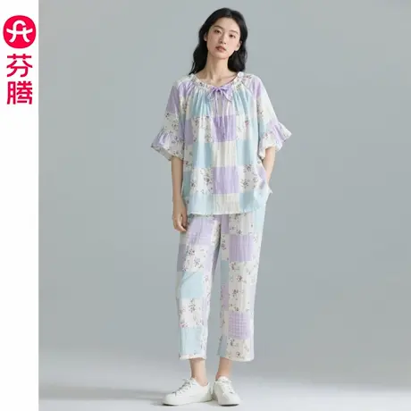 芬腾女士睡衣夏季薄款中袖七分裤套装2025新款休闲大码女款家居服商品大图