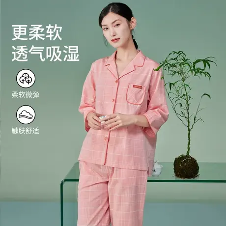秋鹿柔软透气纯棉睡衣情侣男女夏季薄款七分短袖可外穿家居服套装商品大图