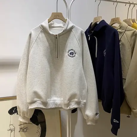 设计感小众重工刺绣长袖卫衣女春秋季韩版宽松POLO领半拉链上衣潮商品大图