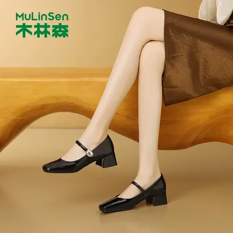 木林森女鞋2025新款秋季百搭一字式扣带玛丽珍方头粗跟女士高跟鞋图片