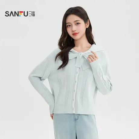 三福毛衣2025秋季翻领撞色白边毛织开衫上衣女装509832商品大图