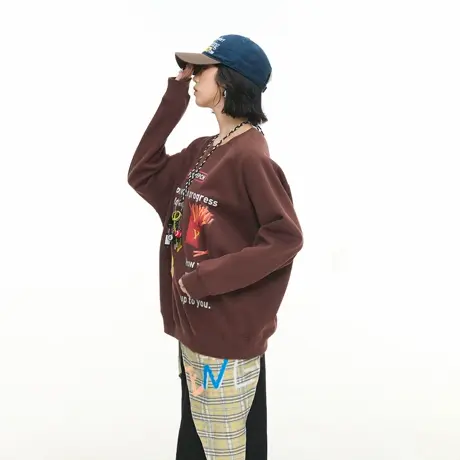 美式复古创意印花套头圆领卫衣女春秋新款宽松休闲慵懒风情侣上衣商品大图