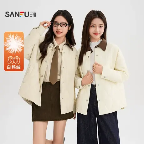 三福羽绒服2025冬季拼接PU翻领衬衫式轻薄保暖外套女装506434图片