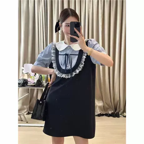 假两件衬衫连衣裙女夏季新款2025娃娃领短袖衬衫裙泡泡袖衬衣裙女商品大图
