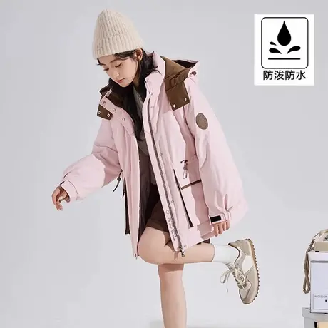 【防水】唐狮2024冬季新款工装羽绒服女连帽撞色休闲鸭绒羽绒外套图片