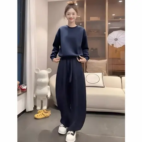 小个子短款卫衣女圆领2025新款设计感小众藏蓝色宽松早秋季薄上衣商品大图