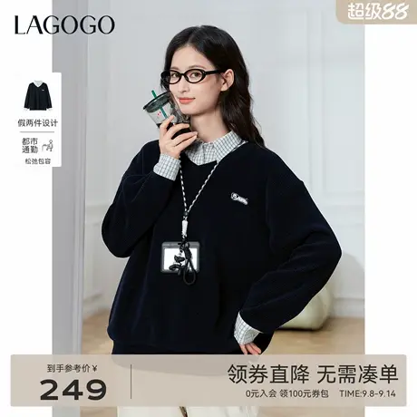 LAGOGO衬衫拼接假两件卫衣女拉谷谷2025年秋季新款文艺学院上衣图片