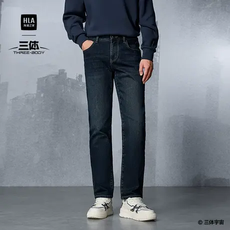 HLA/海澜之家三体联名猫须牛仔裤25秋冬新款刺绣时尚保暖直筒裤男商品大图