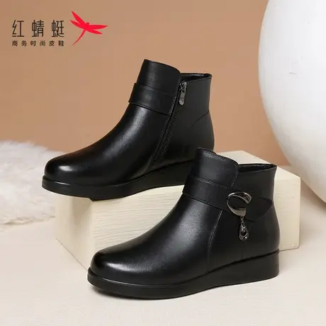 红蜻蜓女士妈妈棉鞋2025冬季款加绒保暖软底防滑中老年真皮短棉靴图片