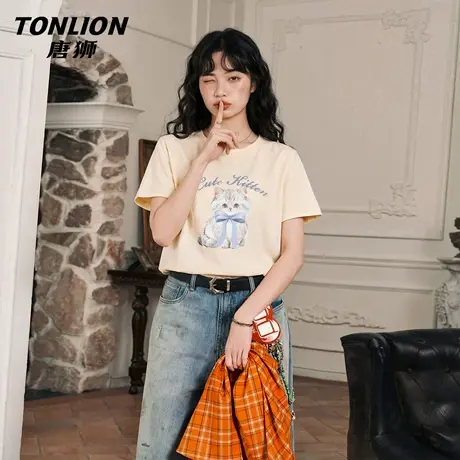 唐狮官方印花短袖t恤女2026新款夏季宽松大码胖mm半袖打底上衣VC图片