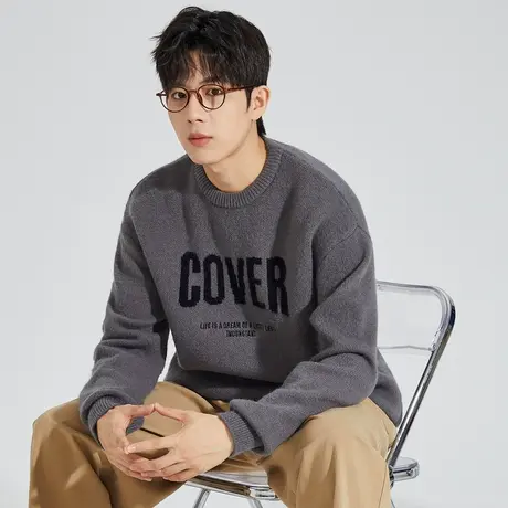唐狮秋冬季新款男毛衣圆领前胸文字日系休闲花纱毛衫百搭青少年TE图片
