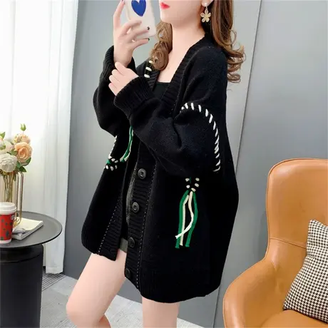 设计感绑绳V领毛衣开衫女秋季2022年新款宽松慵懒风ins潮开衫上衣商品大图