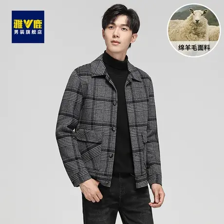 雅鹿毛呢夹克男外套春秋季短款翻领商务休闲羊毛呢子大衣黑色商品大图