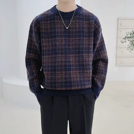 2023秋冬格子圆领套头毛衣ins潮流宽松欧洲站休闲潮牌打底针织衫图片