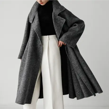 秋冬女士人字纹双面毛呢外套女过膝长款韩版宽松大码斗篷型大衣潮商品大图