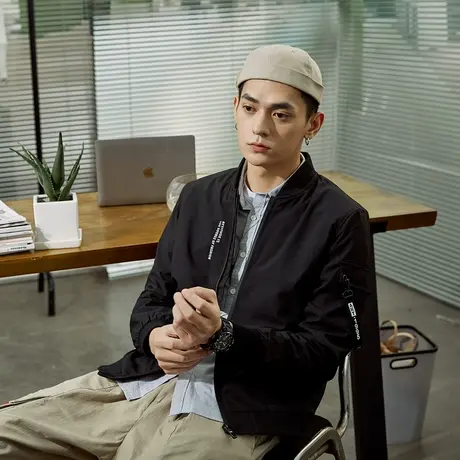 唐狮春秋新款外套男装青年前胸印花棒球领夹克休闲上衣工装图片