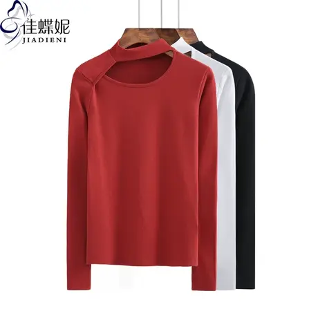 秋冬新款半高领镂空性感纯欲纯棉纯色修身显瘦长袖体恤上衣女打底商品大图