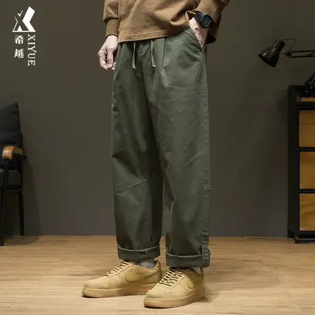 希越直筒休闲裤男款宽松大码军绿色拼接工装裤子秋冬潮牌拖地长裤商品大图
