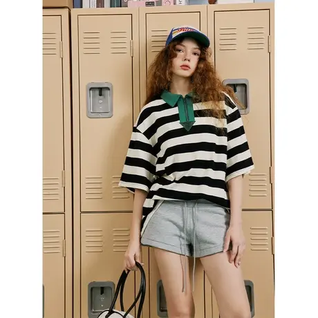 拼接条纹短袖t恤女夏装2023年新款复古宽松POLO衫ins潮牌半袖上衣图片