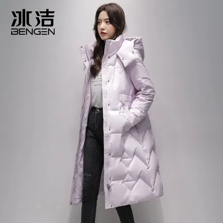 冰洁秋冬新款女收腰显瘦防风保暖通勤职场立领连帽长款羽绒服XFF图片