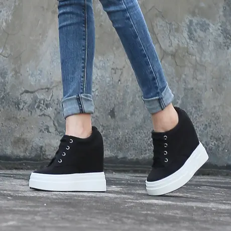 2023年春季内增高女鞋12cm小码黑色厚底帆布鞋女休闲旅游运动板鞋图片