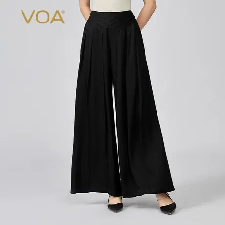 VOA22姆米真丝提花黑色垂坠感褶皱中腰拉链休闲百搭桑蚕丝阔腿裤图片
