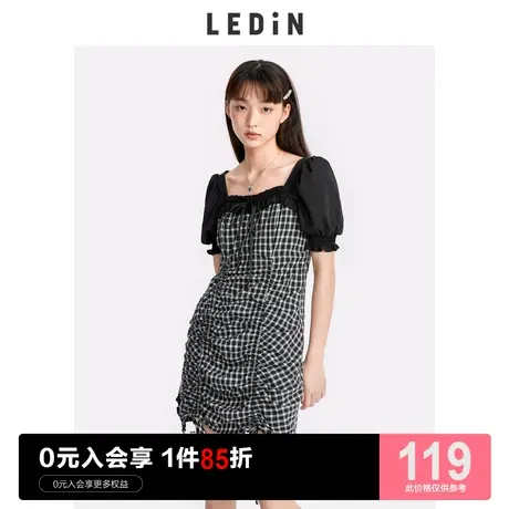 乐町拼色格纹连衣裙休闲春夏新款女装小黑裙纯欲褶皱流行精致修身图片