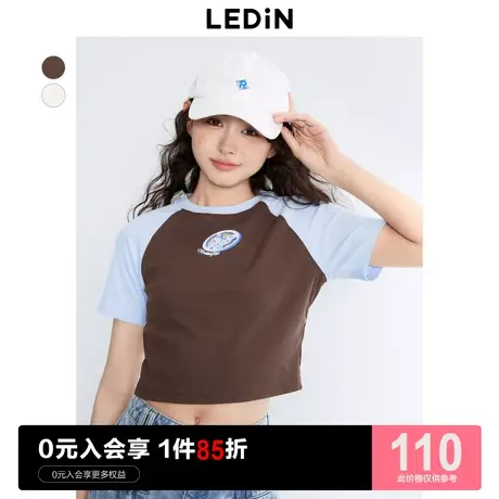 乐町新品美式复古短袖T恤女2023秋季新款插肩袖短款甜辣小上衣女图片