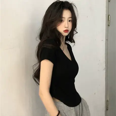 白色短袖t恤女2023年新款夏季半袖V领上衣短款修身薄款体恤ins潮商品大图