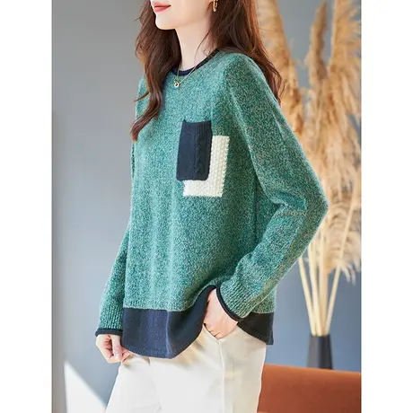 宝诗黎圆领花纱绵羊毛针织衫2024春季新款拼接宽松长袖打底毛衣女商品大图