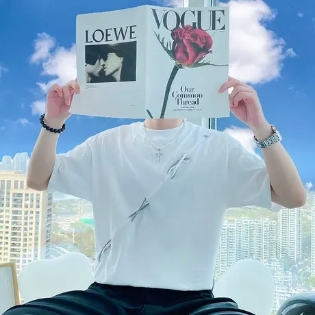 设计感小众T恤男夏季潮牌宽松短袖体恤2023新款休闲个性痞帅半袖t商品大图