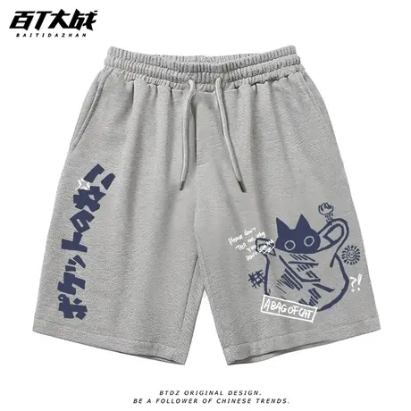 夏季男士运动纯棉短裤日系猫咪休闲抽绳针织时尚潮流青少年五分裤商品大图