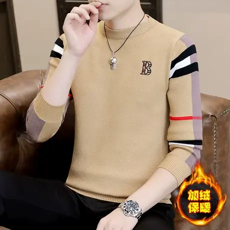 加绒加厚毛衣男冬季潮牌圆领针织衫2022新款学生冬装撞色毛线衣服商品大图