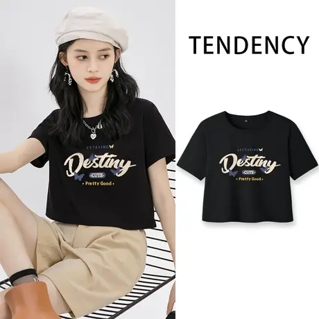 ZR真维斯黑色短款t恤女新款夏季短袖休闲时尚圆领t恤女短上衣纯棉商品大图