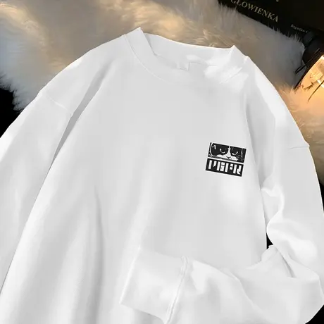 350g重磅白色卫衣男秋冬款宽松潮流百搭套头无帽圆领印花长袖t恤商品大图