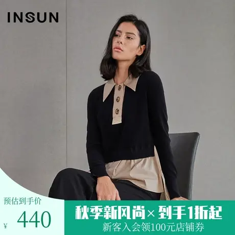 恩裳春季时尚大翻领宽松拼接撞色长袖毛针织衫衬衫上衣女图片