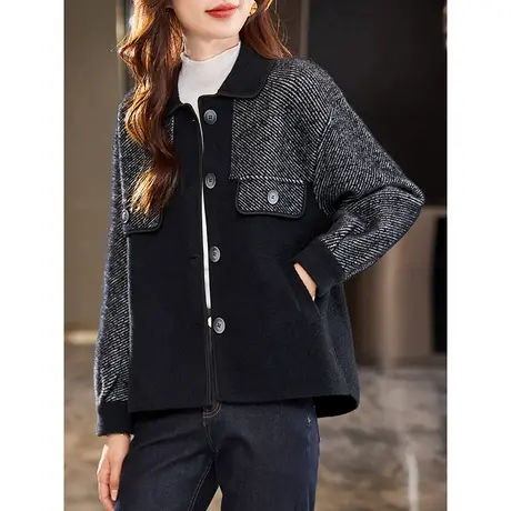 宝诗黎2024春秋时尚翻领针织拼接短外套女单排扣气质开衫宽松上衣商品大图