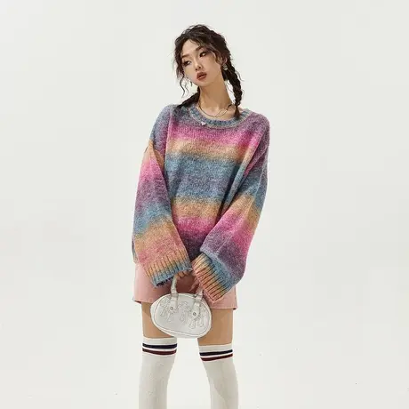 YEP慵懒风条纹软糯毛衣女短款春秋高级感套头复古毛毛针织衫多色商品大图