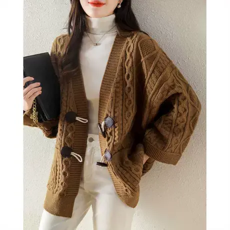 2023秋冬季新款复古麻花气质开衫宽松加厚毛衣外套重工慵懒风外搭商品大图