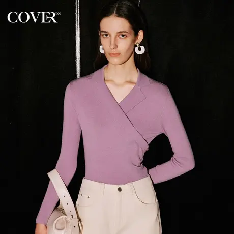 COVER秋季翻驳领弹力坑条修身针织衫商品大图