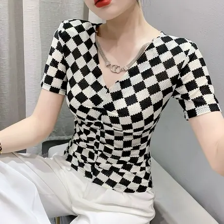 欧货性感V领网纱T恤女短袖洋气拼色棋盘格上衣设计感收腰显瘦小衫商品大图