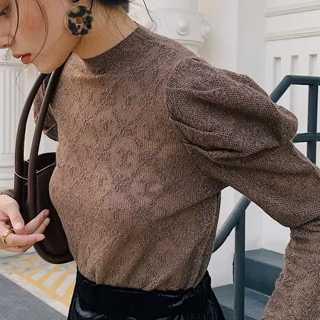 半高圆领亮丝羊毛针织衫秋装2023年新款镂空刺绣泡泡袖打底衫外穿图片