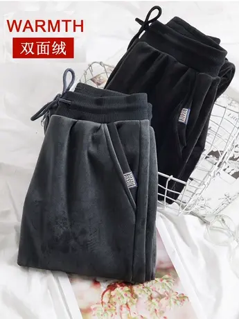 金丝绒双面绒运动裤女秋冬宽松加绒加厚休闲卫裤高个子加长版女裤图片
