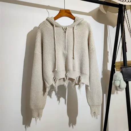 短款连帽毛衣外套女秋冬新款韩版复古破洞半拉链针织开衫休闲上衣商品大图