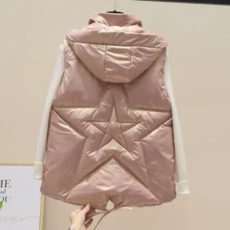 连帽亮面羽绒棉马甲女秋冬短款2023新款宽松五角星外搭坎肩马夹潮商品大图