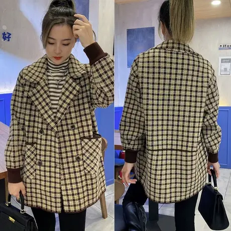 欧洲站2023春新款千鸟格仿水貂绒外套宽松上衣显瘦中长款毛呢开衫商品大图