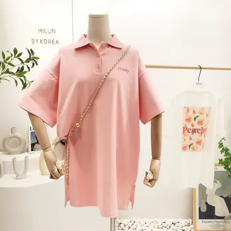 韩国东大门连衣裙2022夏季新款简约纯色背后油画polo领T恤裙宽松图片