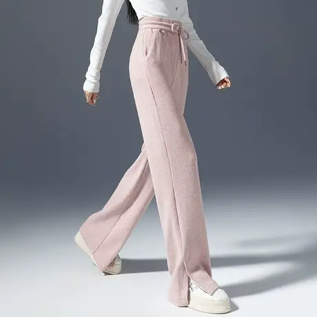 高腰窄版阔腿裤女2023新款春秋粉色针织裤子显瘦开叉微喇裤直筒裤图片